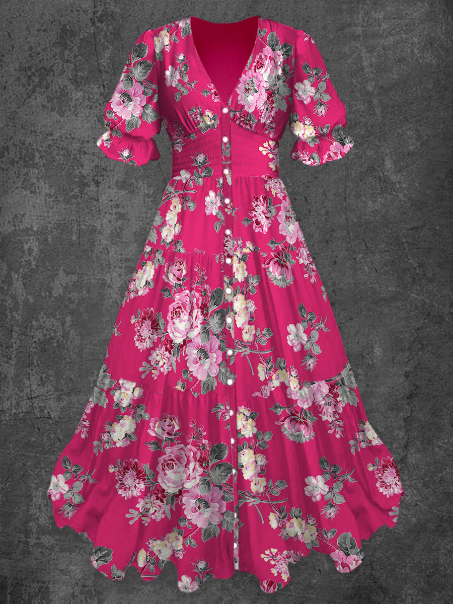 Retro Floral Art Print Chic V-Neck Button Up Short Sleeve Midi Dress