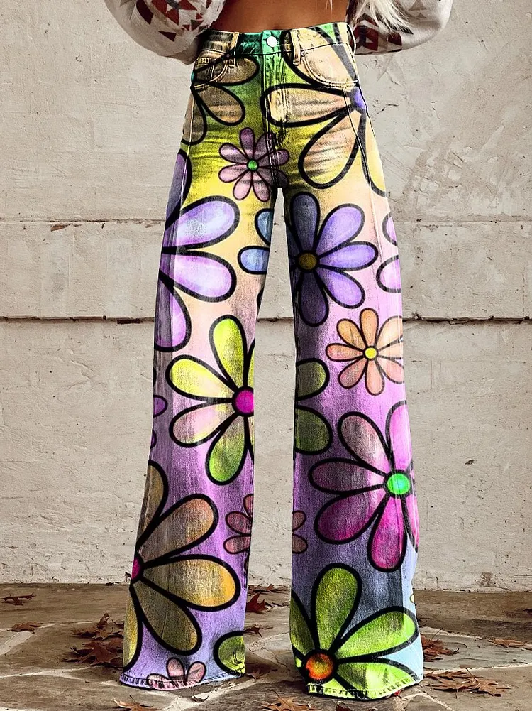 Women's Print Casual Wide Leg Pants Rainbow Floral Print