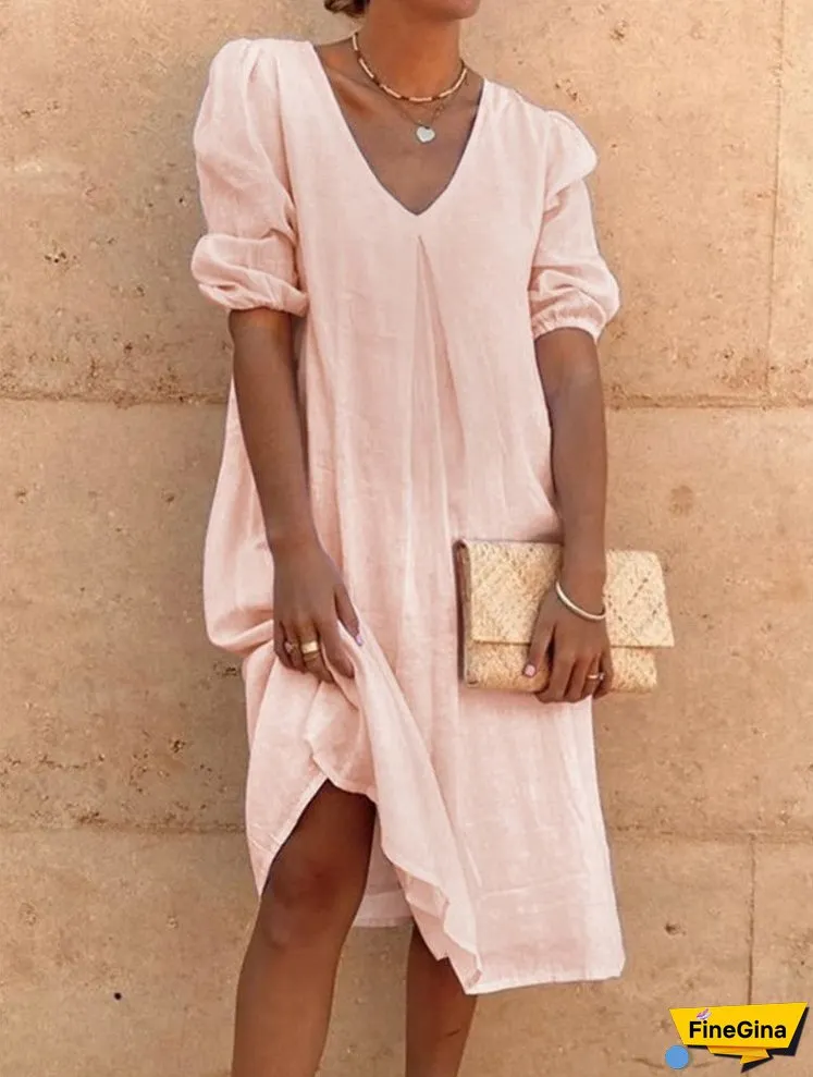 XIEYINSHE Europe and America Cross Border Wish Cotton Linen Solid Color Fashion Medium Long Sleeve Long Casual Mid-Length Dress