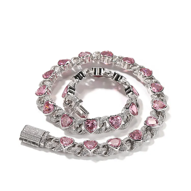 Iced Hip Hop Pink Heart Chain Bracelets Necklaces Bling Bling For Women