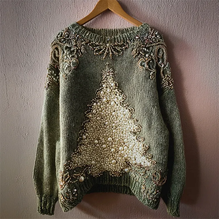 Elegant Christmas Tree Beaded Cozy Knit Sweater