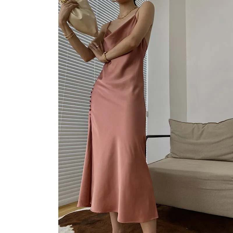 Ordifree 2022 Summer Vintage Women Satin Slip Dress with Slit Black Spaghetti Strap Silk Sexy Long Party Dress