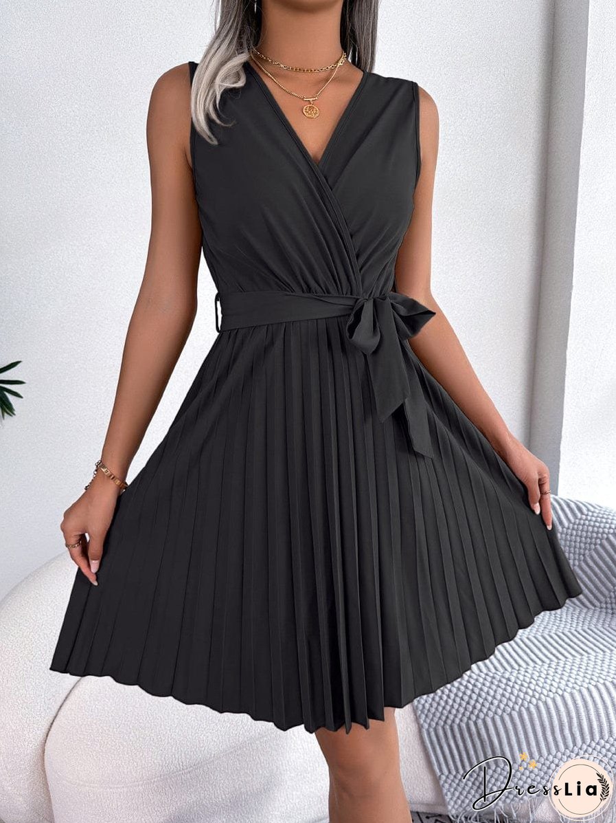 Elegant Cross V-Neck Sleeveless Pleated Waist Mini Dress