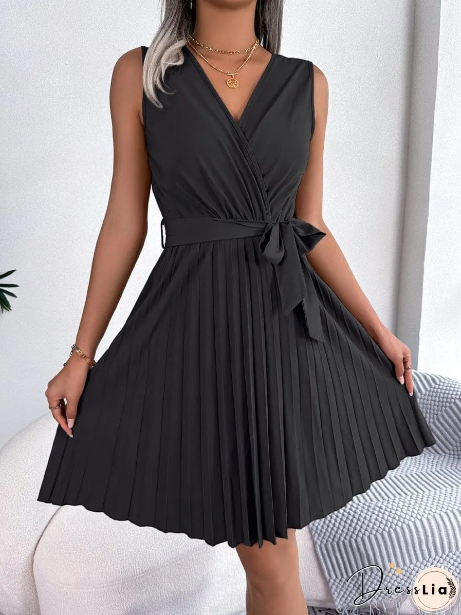 Elegant Cross V-Neck Sleeveless Pleated Waist Mini Dress
