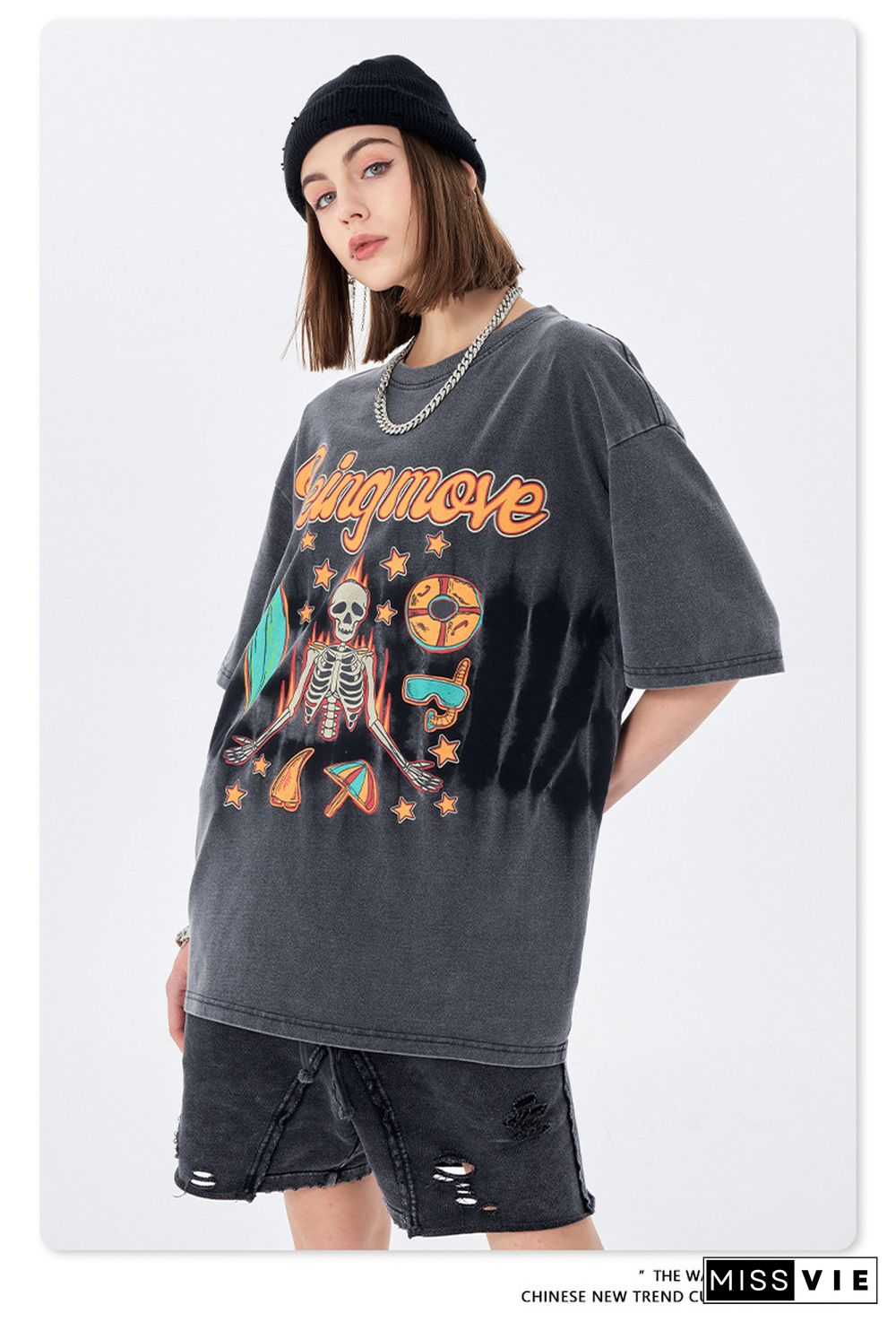 Fashion Vintage Round Neck Short Sleeve Skull Print Tee