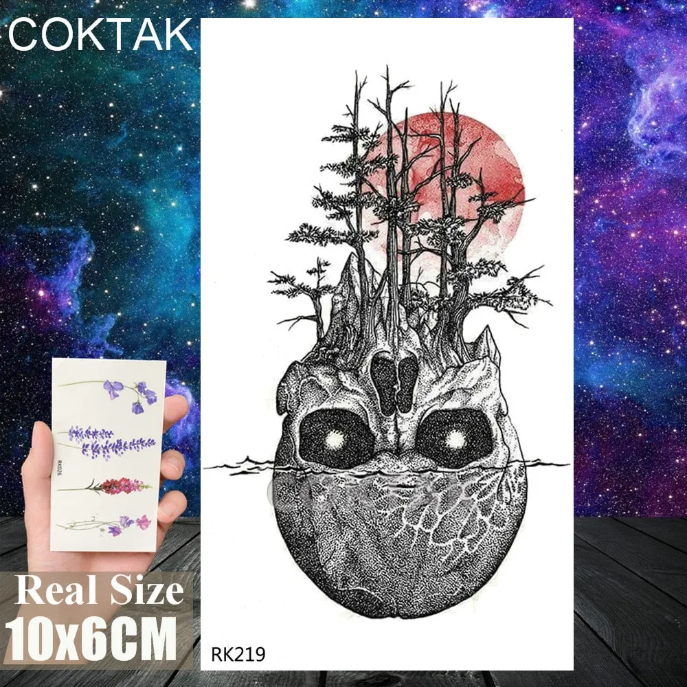 Geometry Pine Tree Temporary Tattoos Sticker Black Mountain Moon Water Transfer Tattoo For Men Body Art Washable Beauty Tatoos