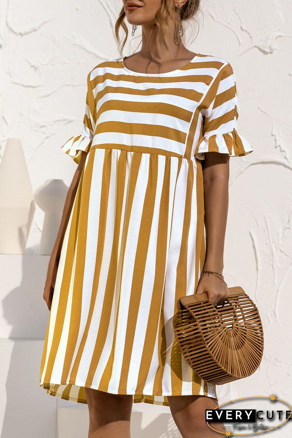 Fashion Casual Striped Split Joint O Neck A Line Dresses