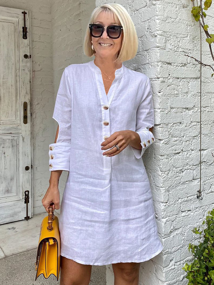 Stand Collar Casual Plain Mini Tunic Dress