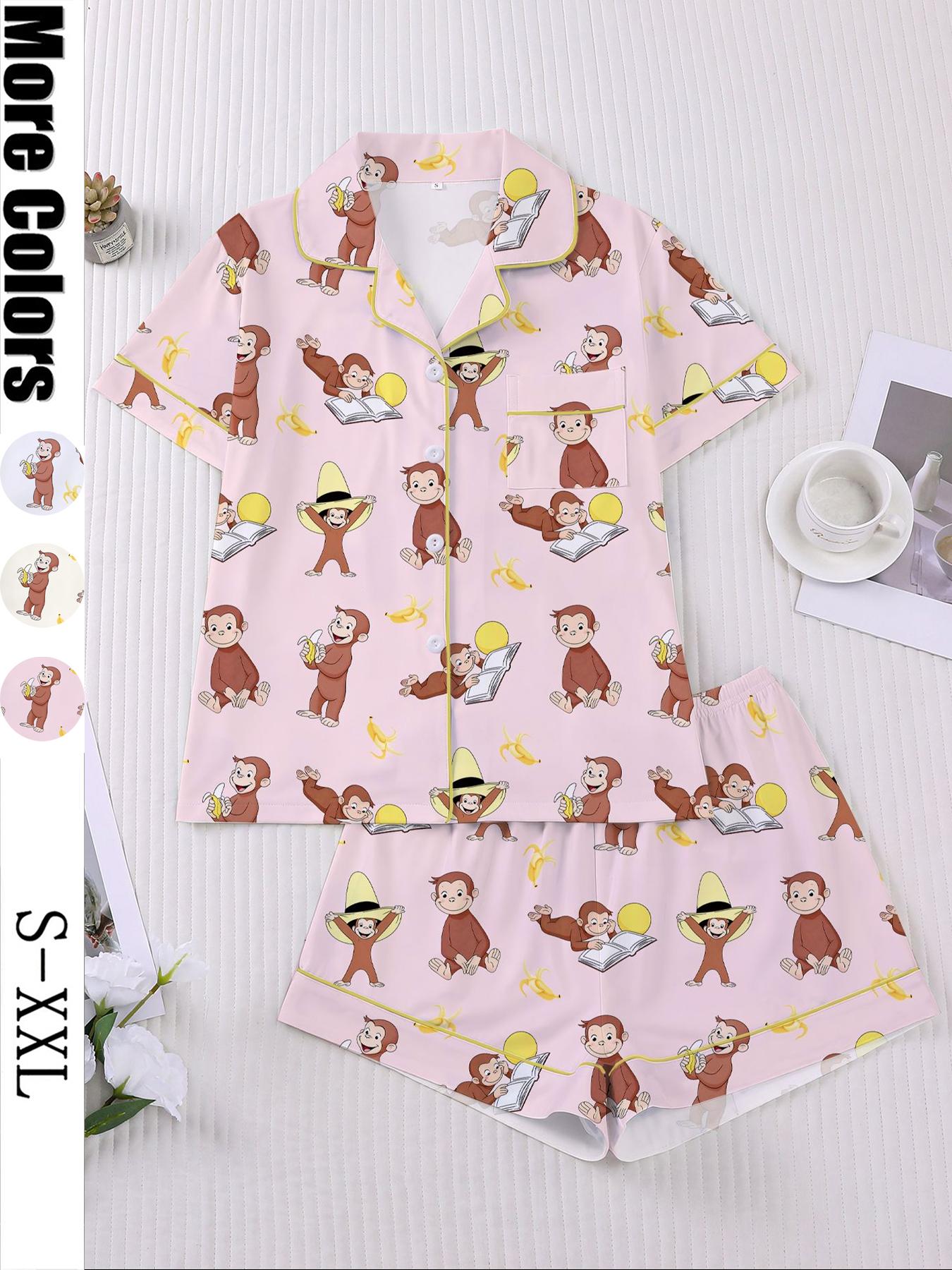 Women's Monkey Banana Print Sleepwear Set, Comfortable Short Sleeve Button Shirt & Loose Elastic Shorts, Fashion Casual Home Wear, Pajama Set, Matching Pj Set, Sleepwear Pajamas Set