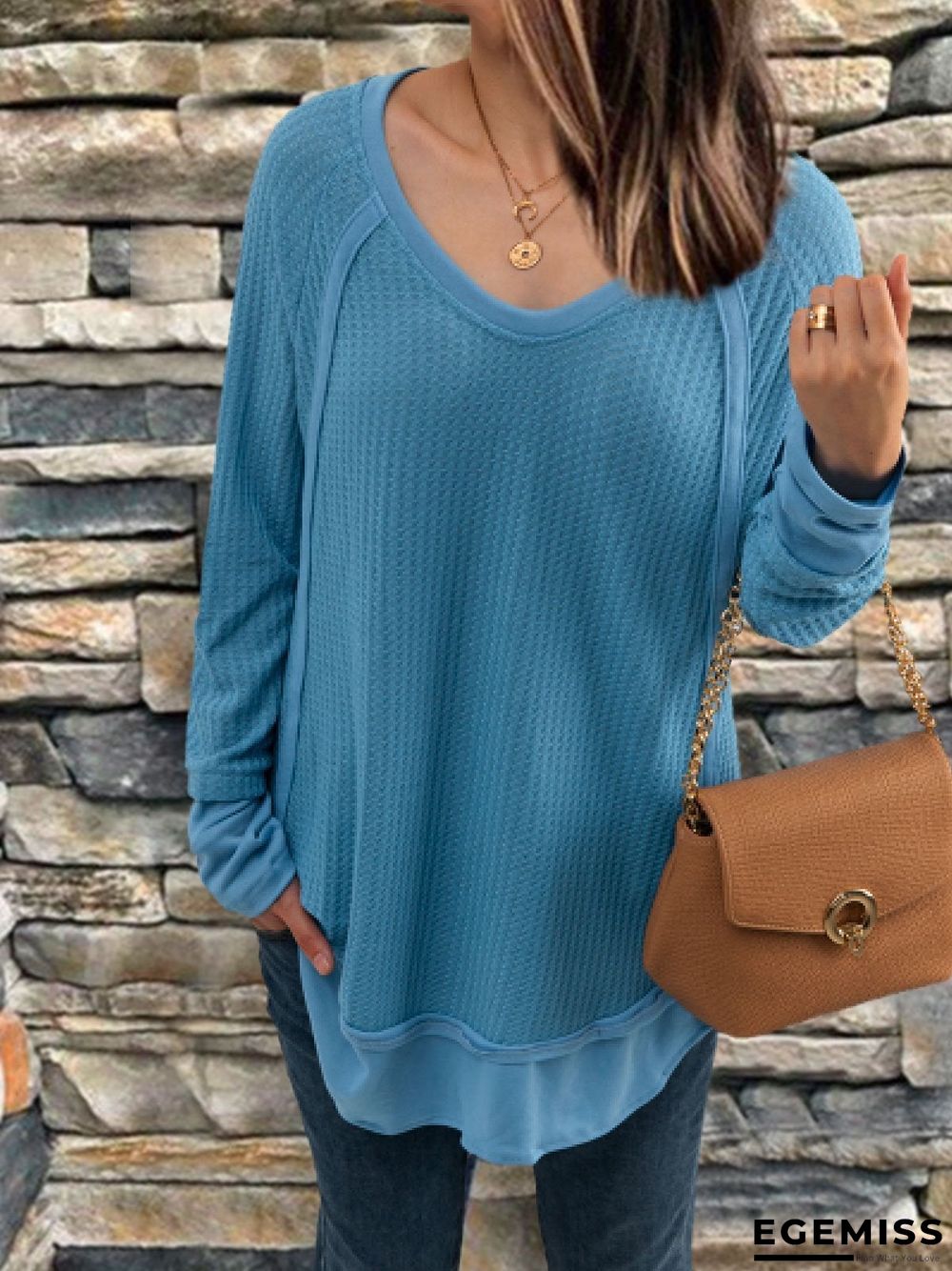 Casual Long Sleeve V Neck Solid Tops | EGEMISS