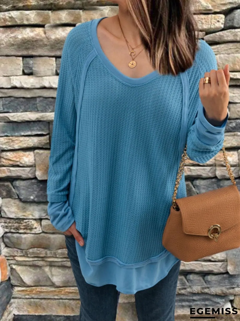 Casual Long Sleeve V Neck Solid Tops | EGEMISS