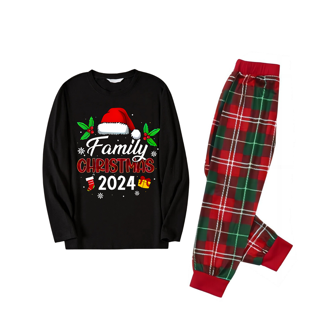 "Family Christmas 2024" Text and Santa Hat Printed Red and Green Plaid Family Matching Pajama
