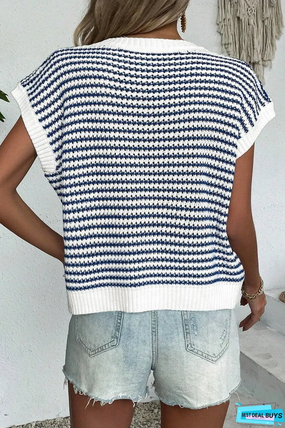 Blue Stripe Ribbed Trim Loose Fit Knitted Sweater Vest