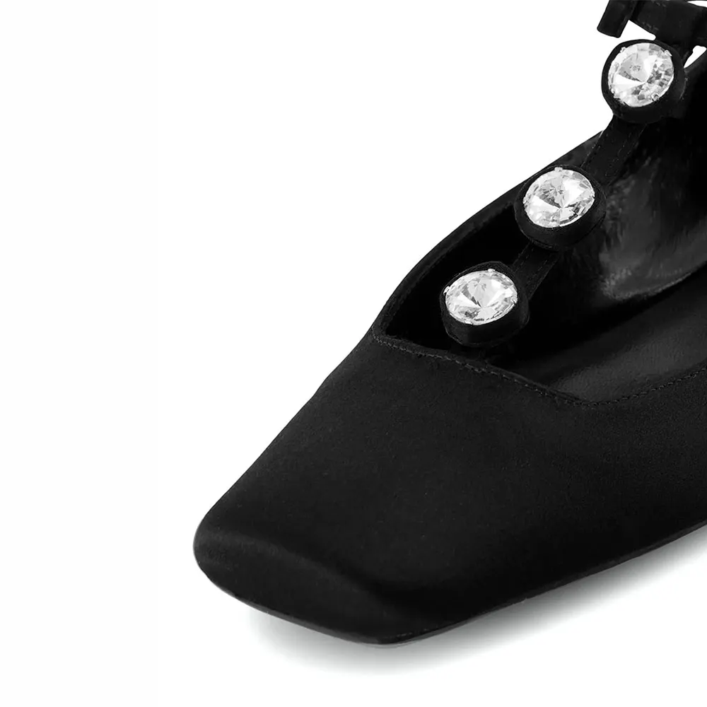 Black Satin Square Toe Rhinestone Ballet Flats with Buckle