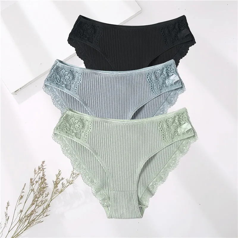 FINETOO 3PCS/Set M-XXL Cotton Underwear Women's Panties Comfort Underpants Floral Lace Briefs For Woman Sexy Low-Rise Intimates
