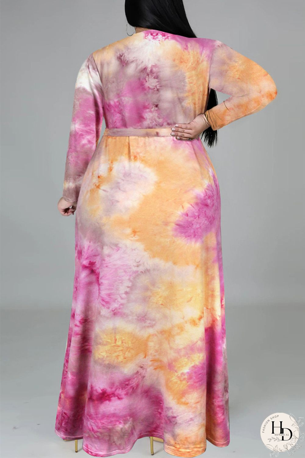 Colour Fashion Casual Print Tie-dye V Neck Long Sleeve Plus Size Dress