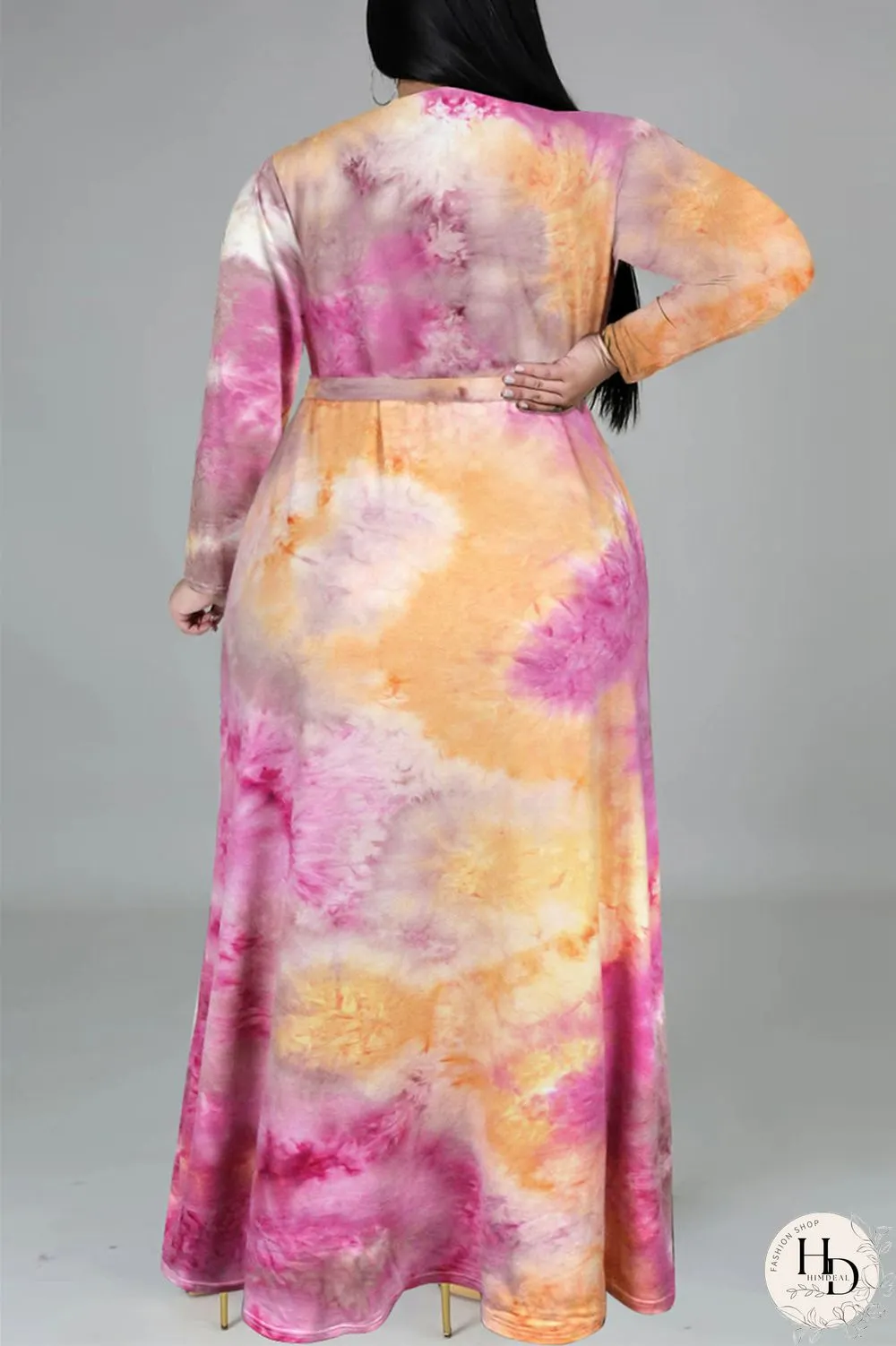 Colour Fashion Casual Print Tie-dye V Neck Long Sleeve Plus Size Dress