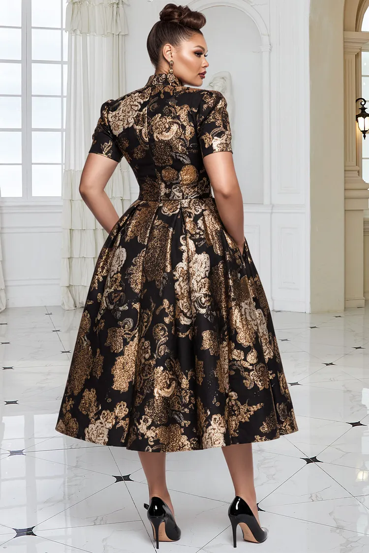 Xpluswear Design Plus Size Formal Black All Over Print Stand-Up Collar Short Sleeve Pocket Elegant Satin Midi Dresses Black-2XL/18-20