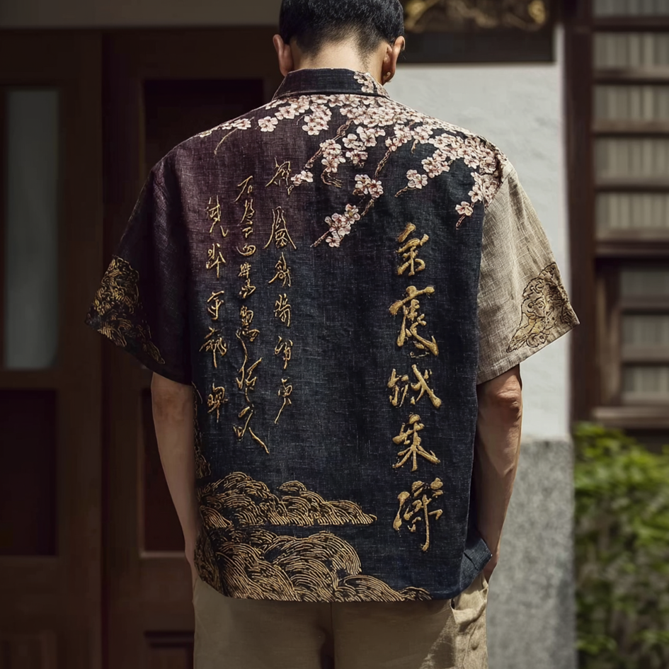Comstylish Japanese Art Retro Pattern Clash Color Design Men's Casual Linen Shirt