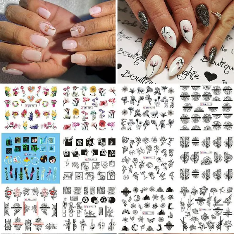 12Pcs Leopard Water Decals Sticker Hollow Floral Flower Leaves Geometry Water Transfer Watermark Foil Slider Decoration