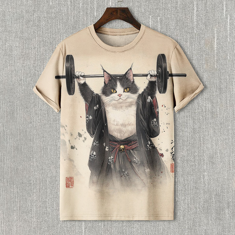 Men's Kimono Cat Weight Lifting Art Print Tee elevenforest