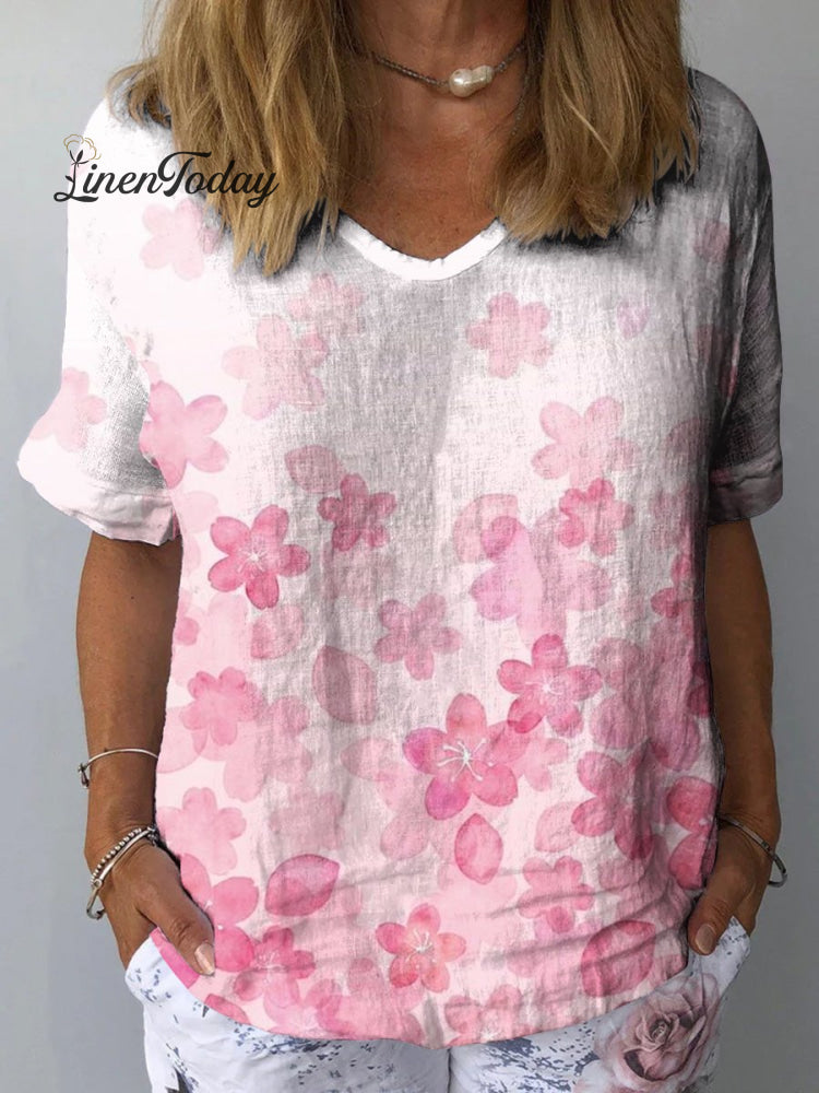 Pink Gradient Flowers Women&rsquo;s Print Casual Cotton And Linen Shirt Multicolor / S