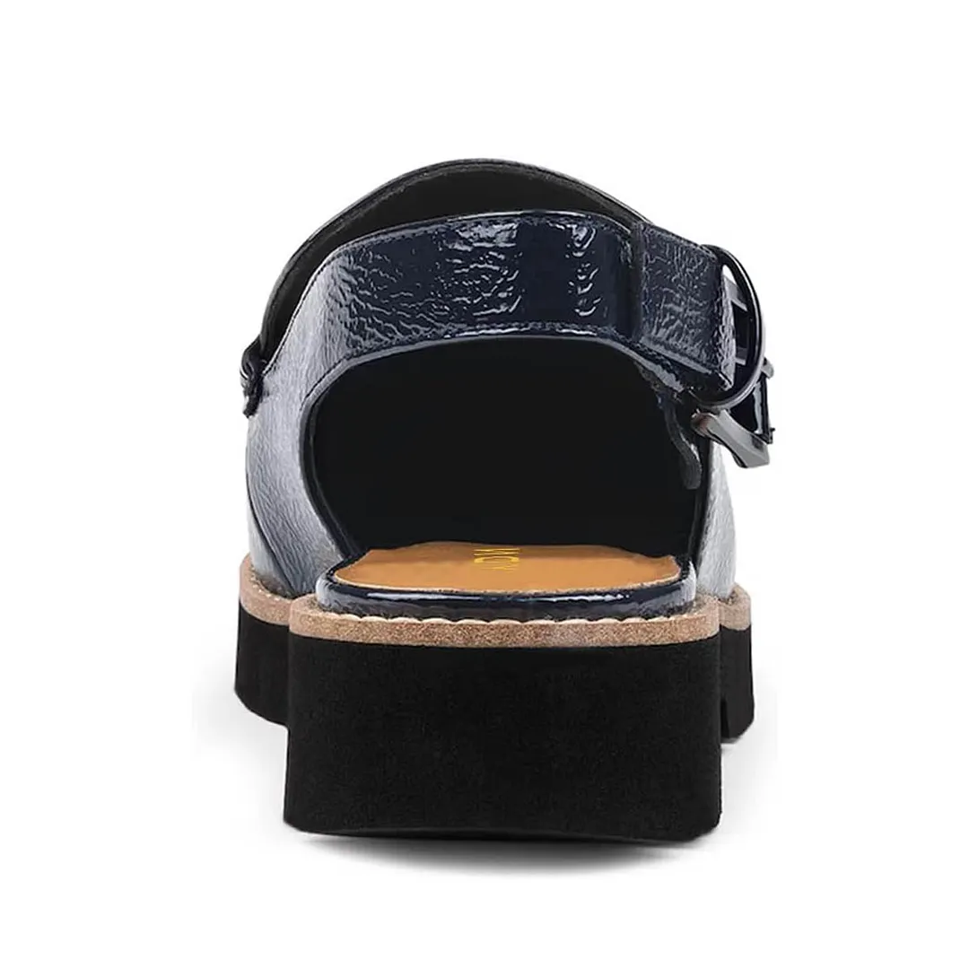 Navy Buckle Round Toe Block Heel Slingback Shoes with Platform