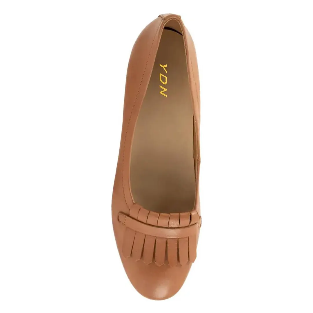 Women's Casual Fringes Round Toe Low Heel Pumps Shoes in Brown