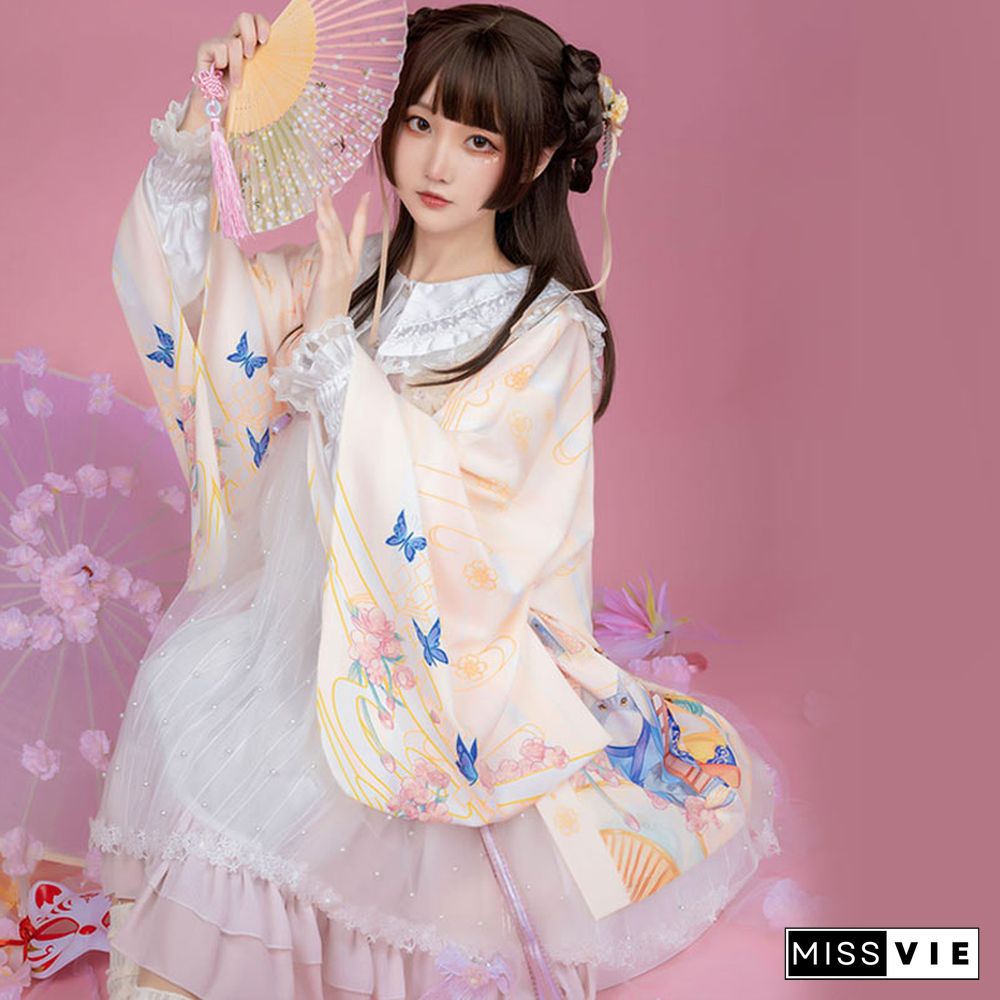 Cartoon Cat Print Loose Cardigan Kimono Outerwear
