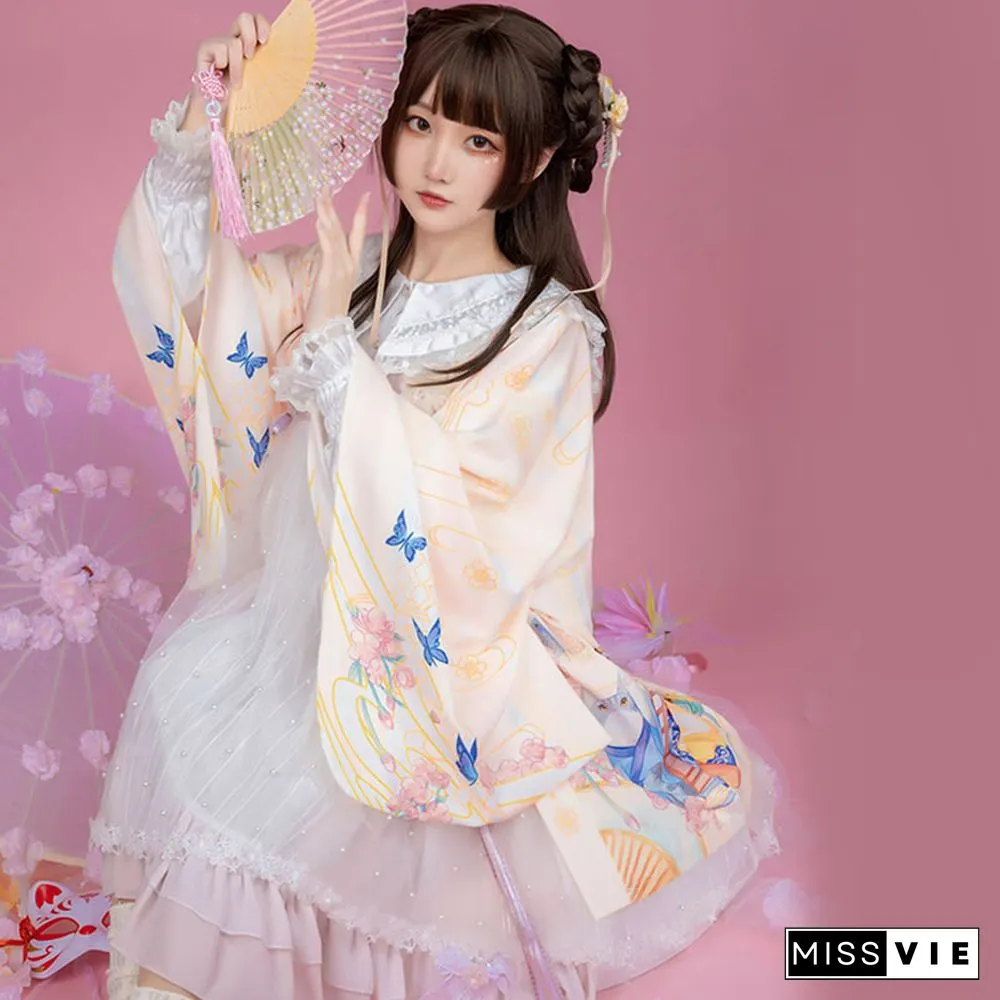 Cartoon Cat Print Loose Cardigan Kimono Outerwear