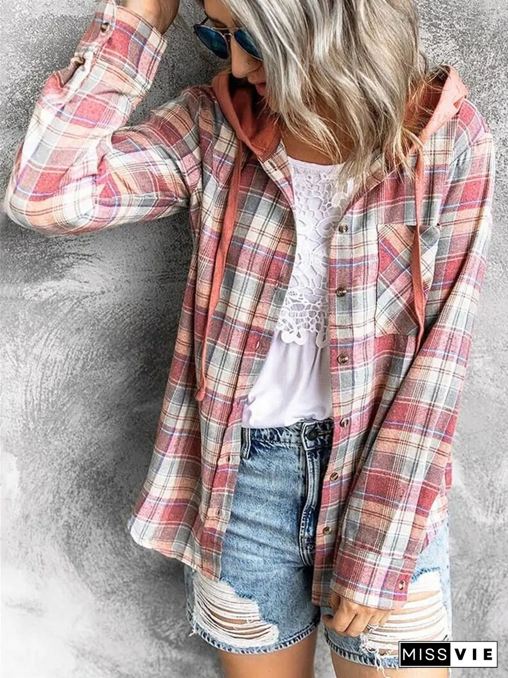 Oversizd Fit Button Up Hoodies Casual Multi Colored Hooded Flannel Shirt