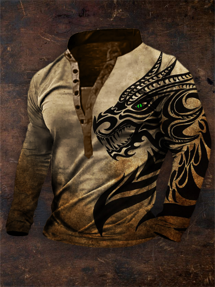 Men's Agnarok Dragon Graphic Long Sleeve Henley Shirt