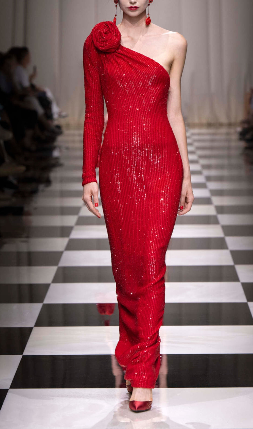 Red Three-Dimensional One-Shoulder Floral Sequined Stretch Dress Flowering Girl