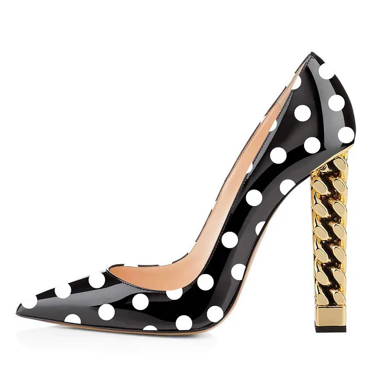 Black and White Wave Point Chunky Heel Pumps by VDCOO Vdcoo