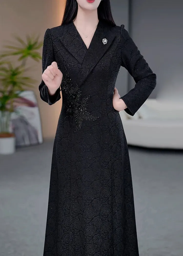 Classy Black Peter Pan Collar Jacquard Cotton Long Dress Fall