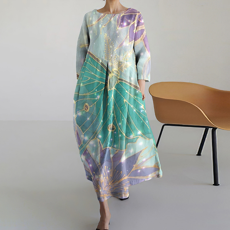 Japanese Art Butterfly Print Loose Midi Dress