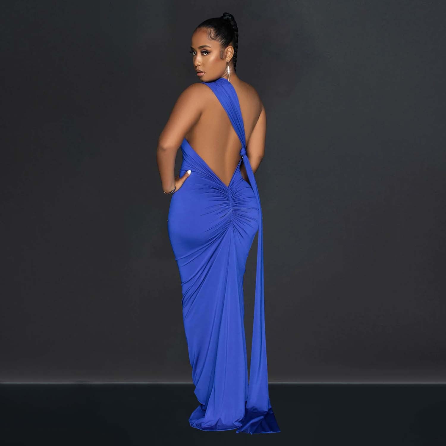 Women Wear Solid Color Backless Pleated Irregular Asymmetric Maxi Dress Women