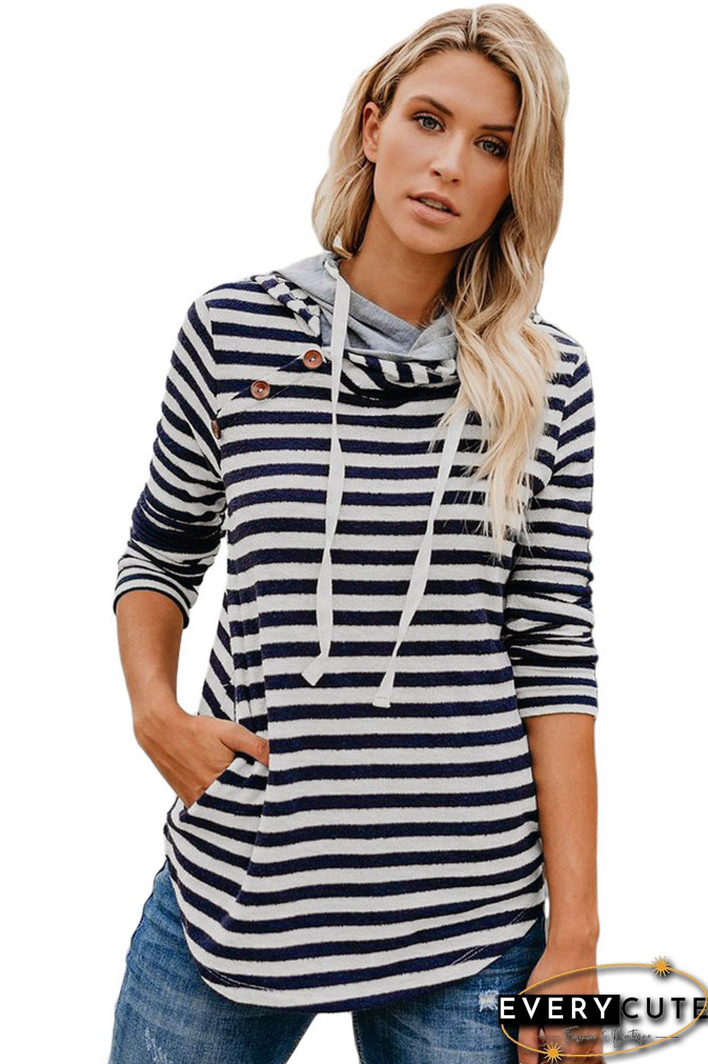 Navy Striped Button Detail Hoodie