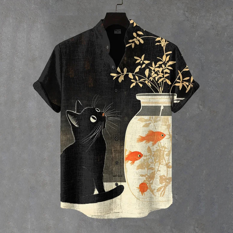 Men's Black Cat And Goldfish Art Print Short Sleeve Shirt  artssus