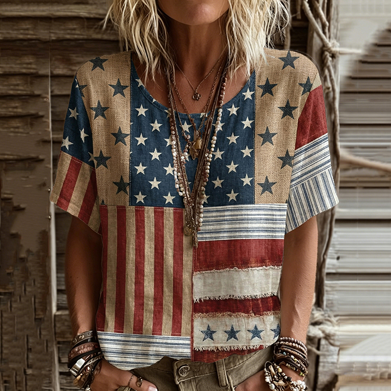 Comstylish Women's Vintage Independence Day Art Print Linen Blend T-shirt