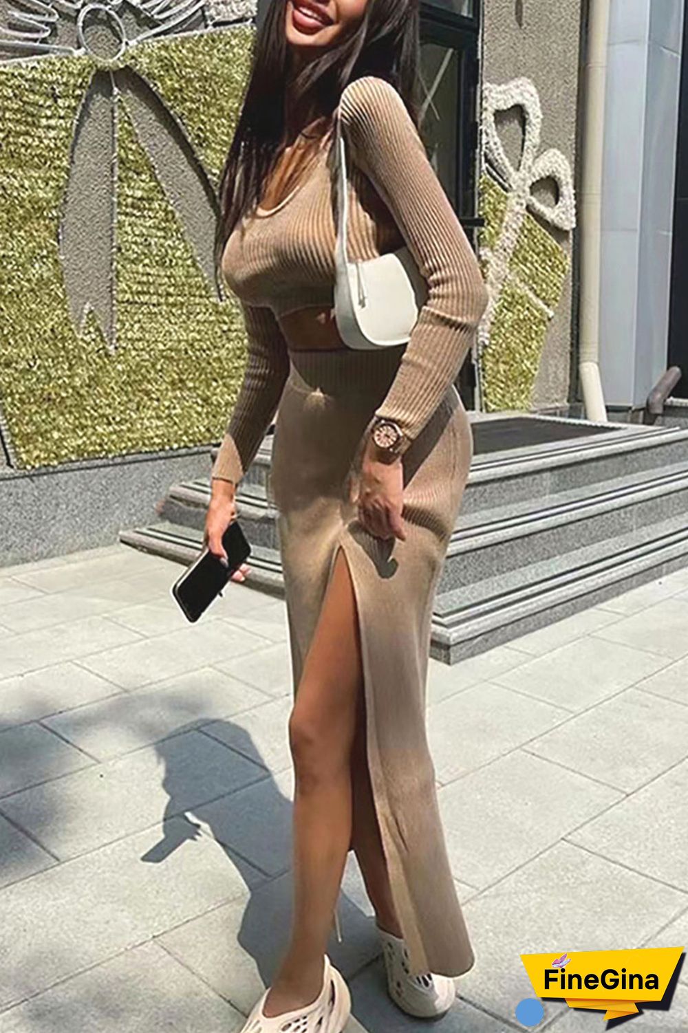 White Sexy Solid Patchwork Slit U Neck Long Sleeve Two Pieces
