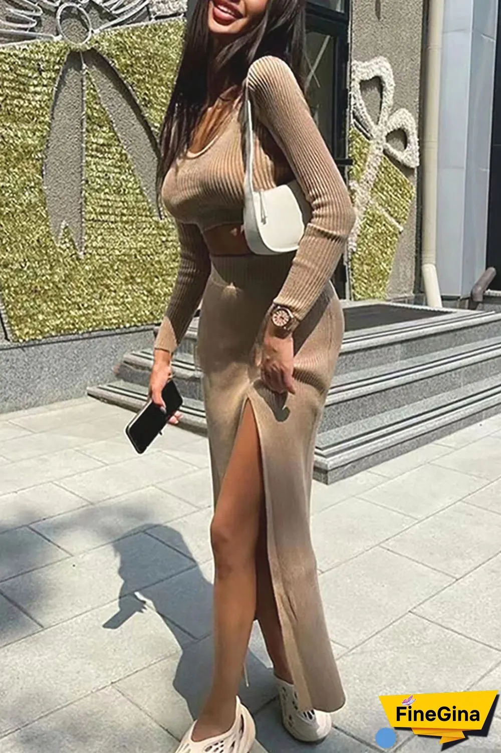 White Sexy Solid Patchwork Slit U Neck Long Sleeve Two Pieces