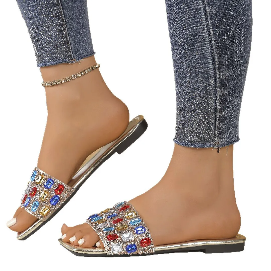 Breakj Breakj Slippers Women Wear The New Summer 2025 Summer New Fashion Water Drill Square Beach Cold Slippers Women