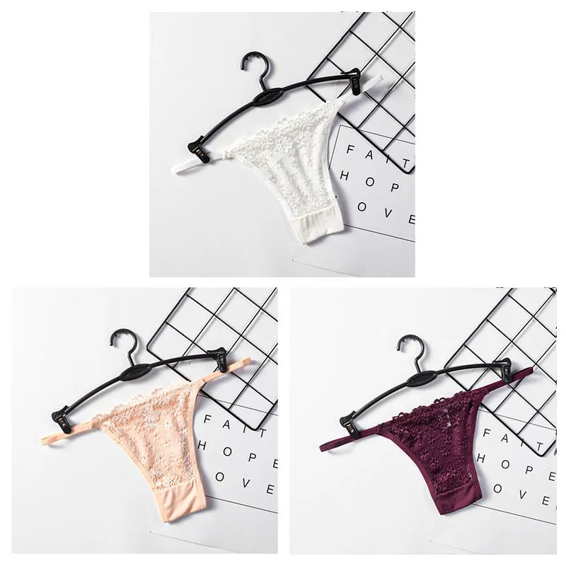 3PCS Sexy Panties Women Lace Low-rise Solid Sexy Briefs Seamless Intimate G-strings Thongs Panty Cotton Crotch Female Underwear