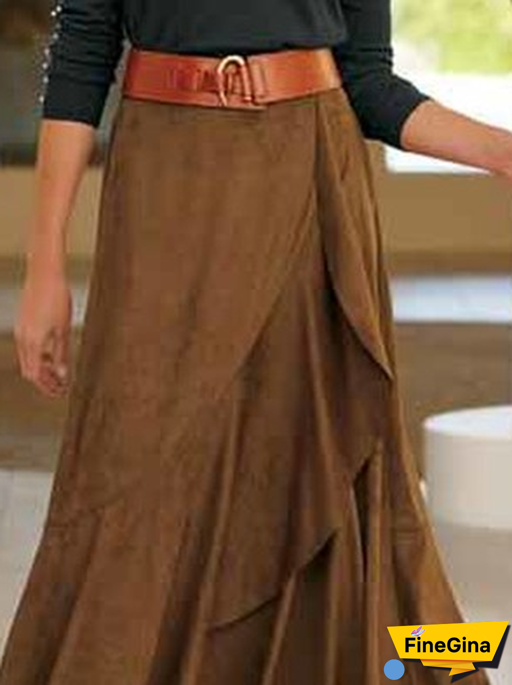 Casual Plain Autumn Suede Natural Daily Loose Midi A-Line Skirt for Women