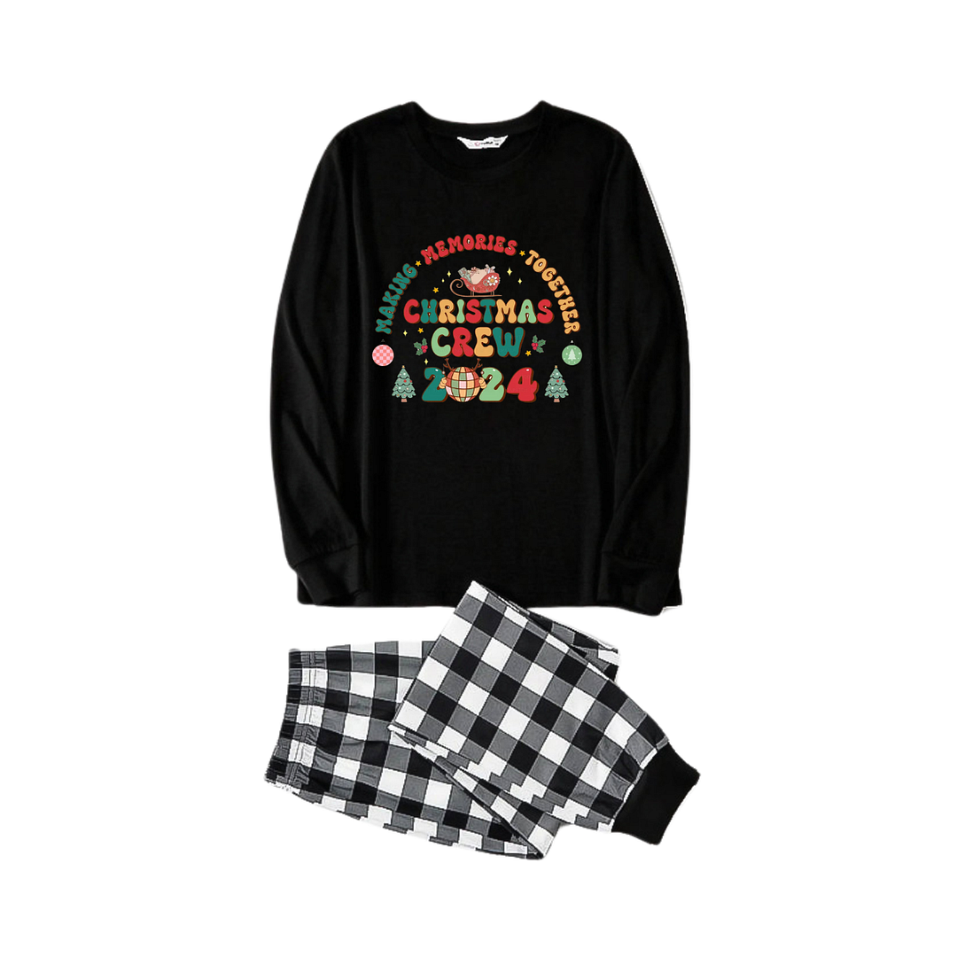 "Making Memories Together Christmas Crew 2024" Print Black Long Sleeve Top with Black And White Plaid Pants Family Matching Pajamas