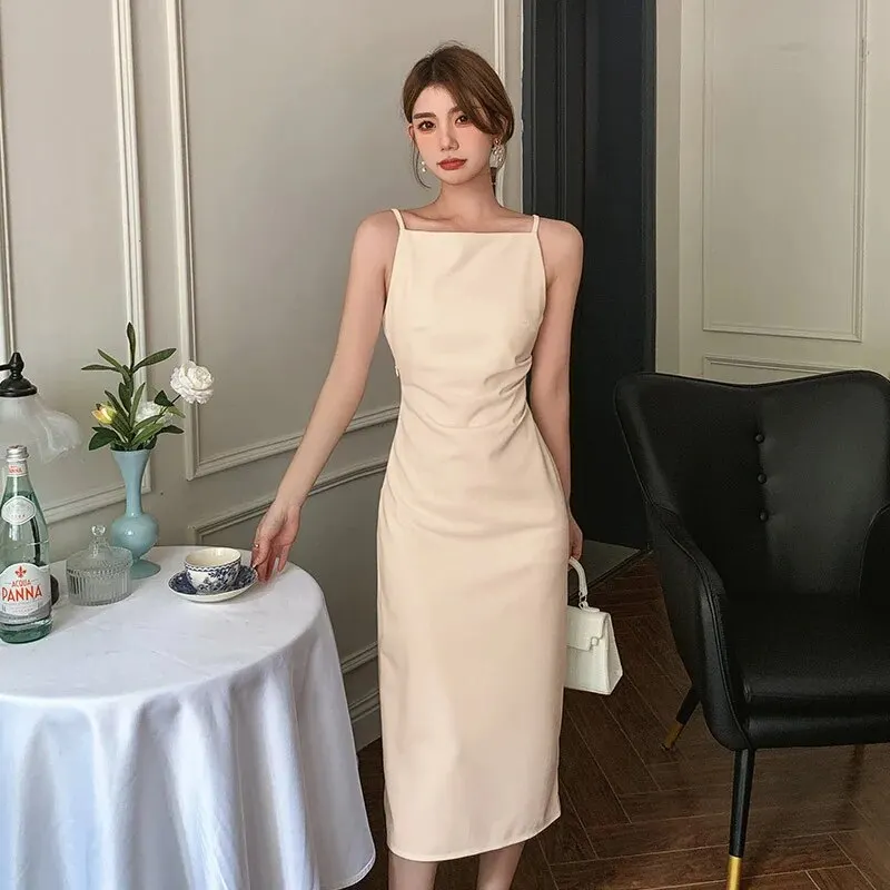 Brownm Summer Elegant Women Evening Dress Simple Solid Sexy Strap Slim Slit Midi Party Club Beach Prom Robe Femme Mujer Vestidos