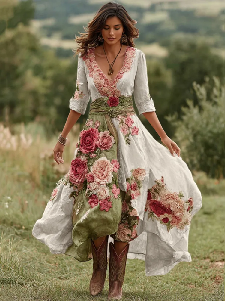 Women's Vintage Floral Art V Neck Linen Blend Maxi Dress