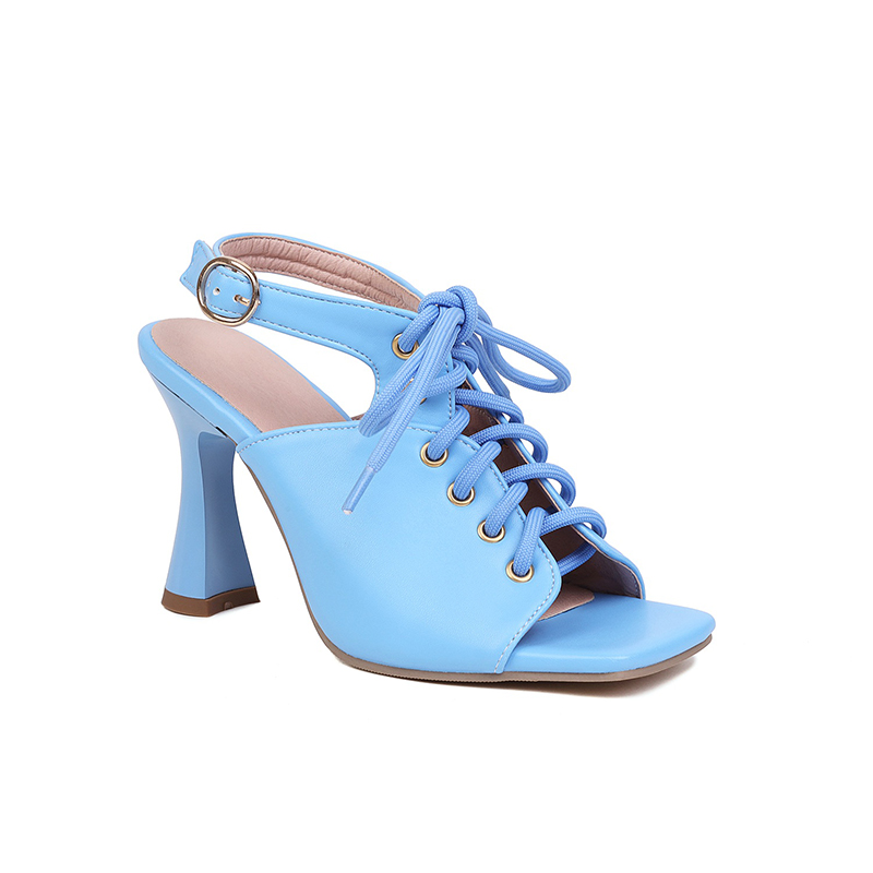 GOOSHOE Roman Style Cross-Laced Hollow Peep Toe Sandals Ultra-High Profiled Heels Square Toe Side Buckle Light-Colored Women's Sandals