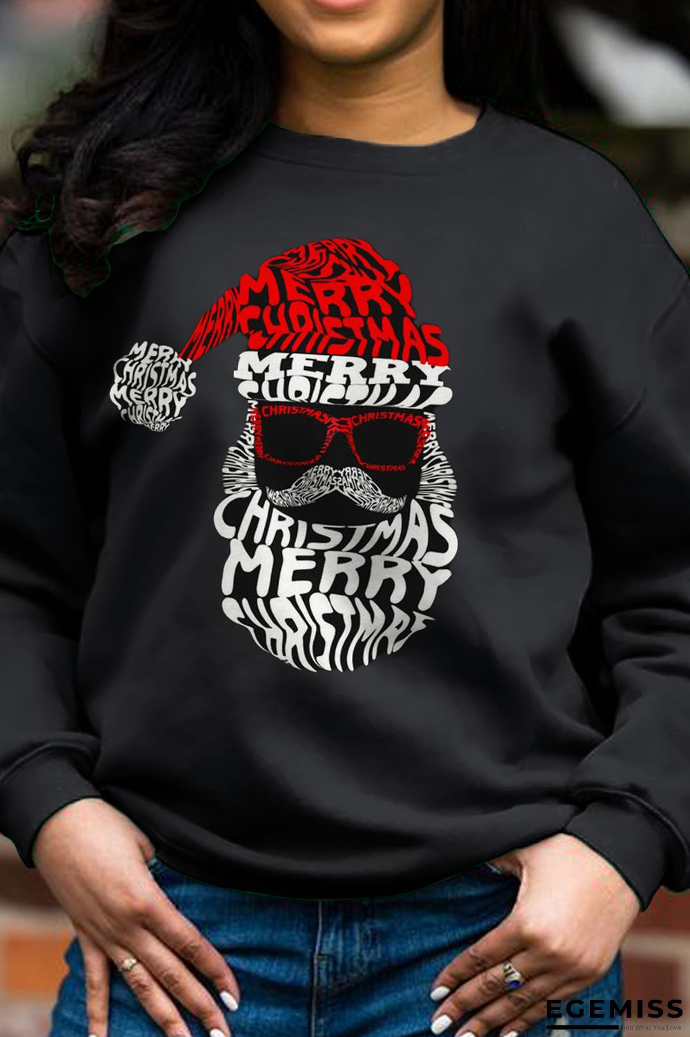 Black Daily Vintage Santa Claus Patchwork Letter Tops | EGEMISS